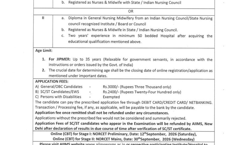 JIPMER Puducherry Nursing Officer Recruitment 2026 (NORCET-11): Apply Online by 13 August