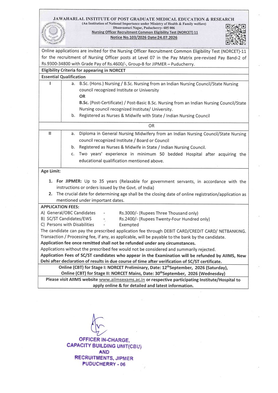 JIPMER NORCET-11 notice page 1