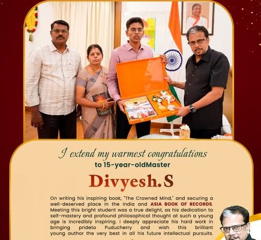 இந்தியா மற்றும் ஆசிய சாதனை புத்தகத்தில் இடம் பெற்ற புதுச்சேரி மாணவர்: துணை நிலை ஆளுநர் பாராட்டு