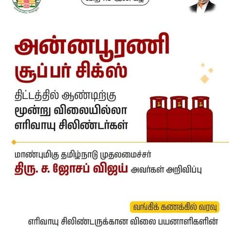 அன்னபூரணி சூப்பர் சிக்ஸ் திட்டம்: ஆண்டுக்கு 3 இலவச கேஸ் சிலிண்டர்கள் வழங்கப்படும் என அறிவிப்பு!